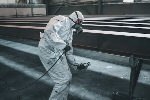 Worker in protective gear spray painting metal beams inside a factory setting.